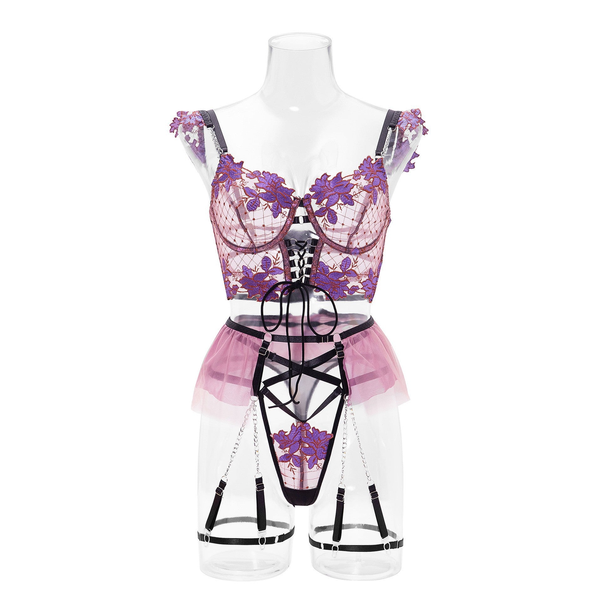 Cross-Border Sexy Lingerie for Women Ultra-Thin See-Through Floral Embroidery Lace Bra Large Bust Minimizer Sexy Lingerie Four-Piece Set