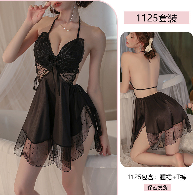 Yiyue Sexy Satin Nightdress Pure Desire Homewear with Chest Pads Bare Back Erotic Lingerie Uniform Pajama Set1125