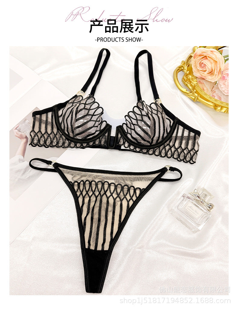 Cross-border European and American Sexy Lingerie for Women Ultra-thin Deep U Shell-Shaped Embroidery Large Bust Minimizing Anti-Sagging Lift Bra Set