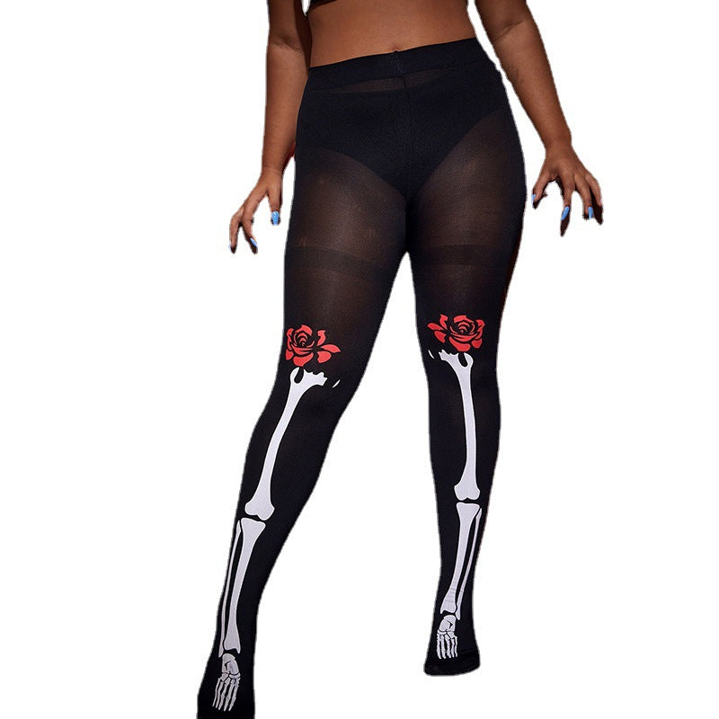 European and American Plus Size New Halloween Women's Clothing Rose Print Skull Jumpsuit Printed Slim Fit Thin Base Pants