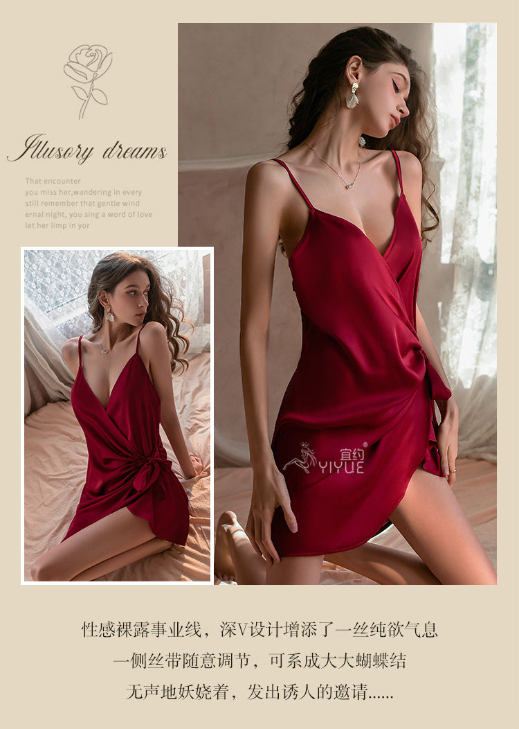 Yiyue Sexy Lingerie Pure Desire Ice Silk Satin Deep V Strappy Nightdress Hot Uniform Temptation Pajamas8908