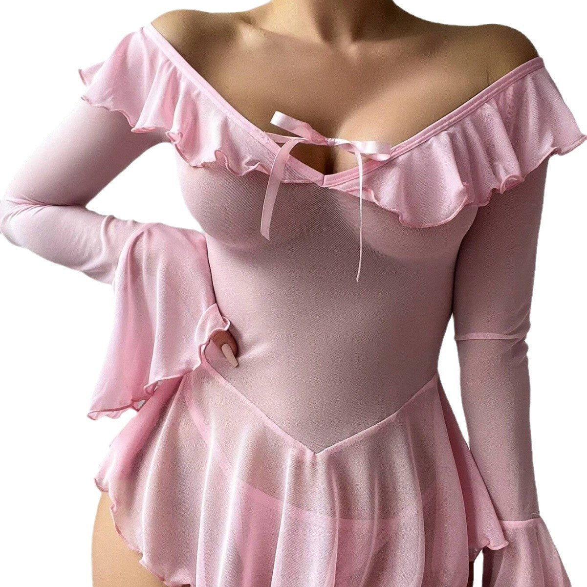 Cross-Border Foreign Trade European and American Sexy See-Through Mesh Dress Temptation Off-Shoulder Pure Desire Style Uniform Sexy Lingerie