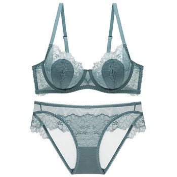 European and American Sexy Bra Set Ultra-thin Semi-transparent Half Cup Lace Bra Small Chest Push-up Anti-sagging Plus Size Bra