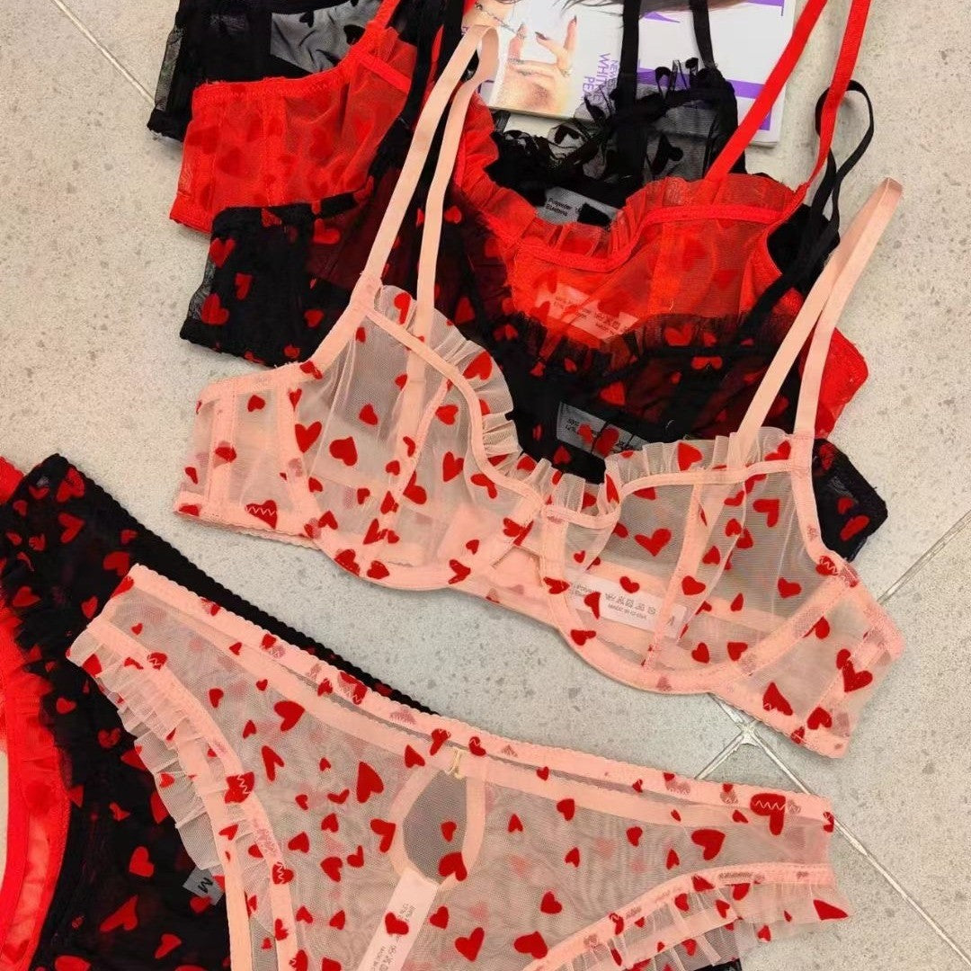 Summer Hot-Selling Cross-Border Sexy Lace Lingerie Big Chest Minimizer See-Through Heart Print Women's Erotic Lingerie Two-Piece Set
