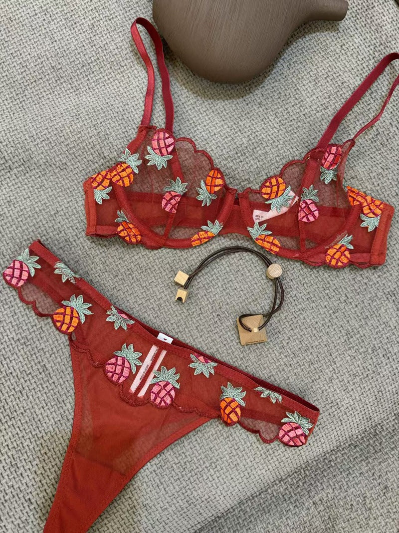 European and American Cross-Border Trade Sexy Bra Ultra-Thin Mesh Pineapple Embroidery Lace Large Bust Minimizer Sexy Lingerie Set
