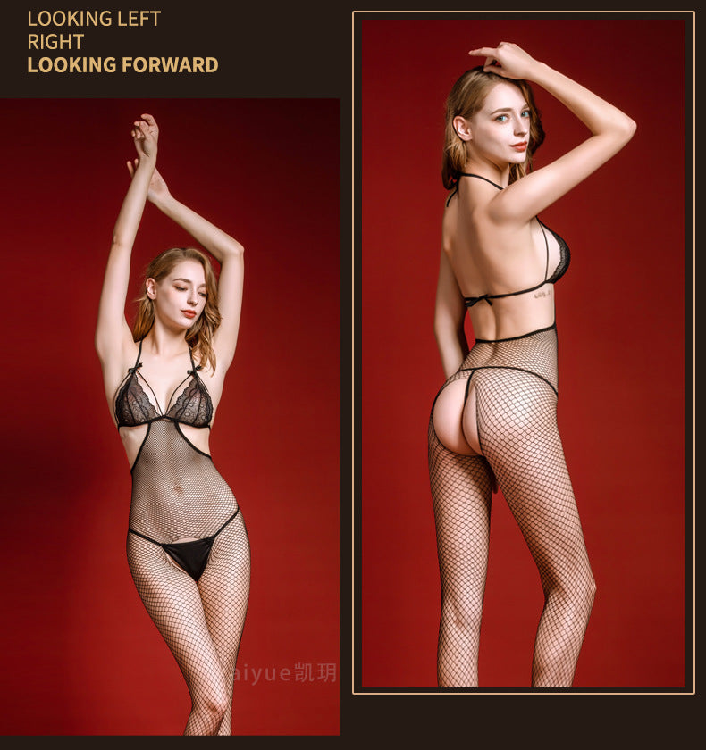 European and American Hot-Selling Sexy Lingerie Women's Sexy Uniform Temptation Bodystocking Lace Stockings Nightwear Mesh Outfit Set