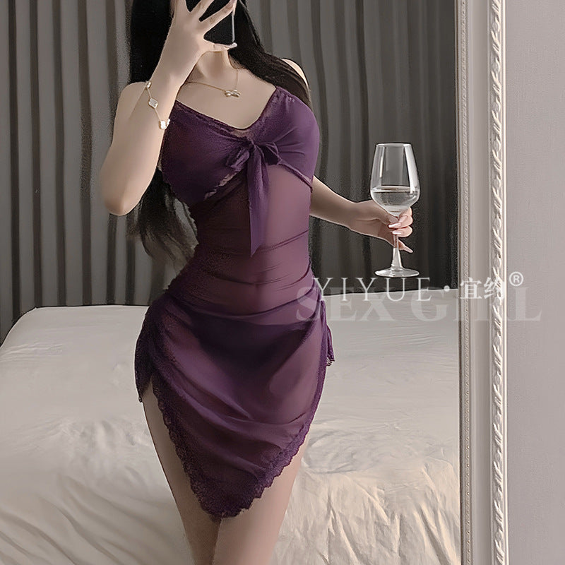 Yiyue Sexy Lingerie Lace Temptation Nightdress Pure Desire Mesh Lace-Up Slim Fit Bodycon No-Remove Sleepwear1236