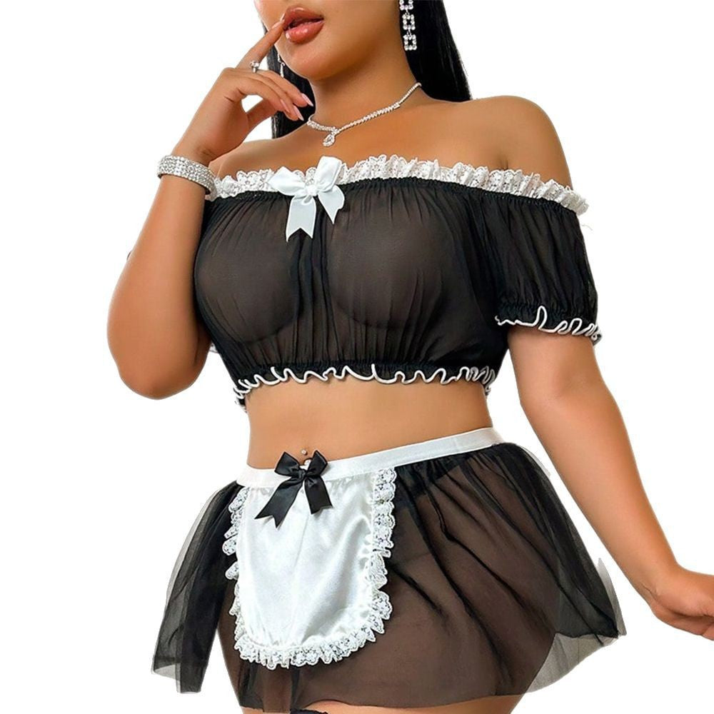 Cross-Border European and American Foreign Trade Sexy Lingerie Lace See-Through Mesh Plus Size Bra Short Skirt Thong Three-Piece Set
