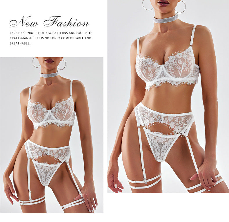 Amazon European and American French Style Sexy Lingerie Women's Ultra-Thin Embroidered Lace See-Through Temptation Thong Five-Piece Set