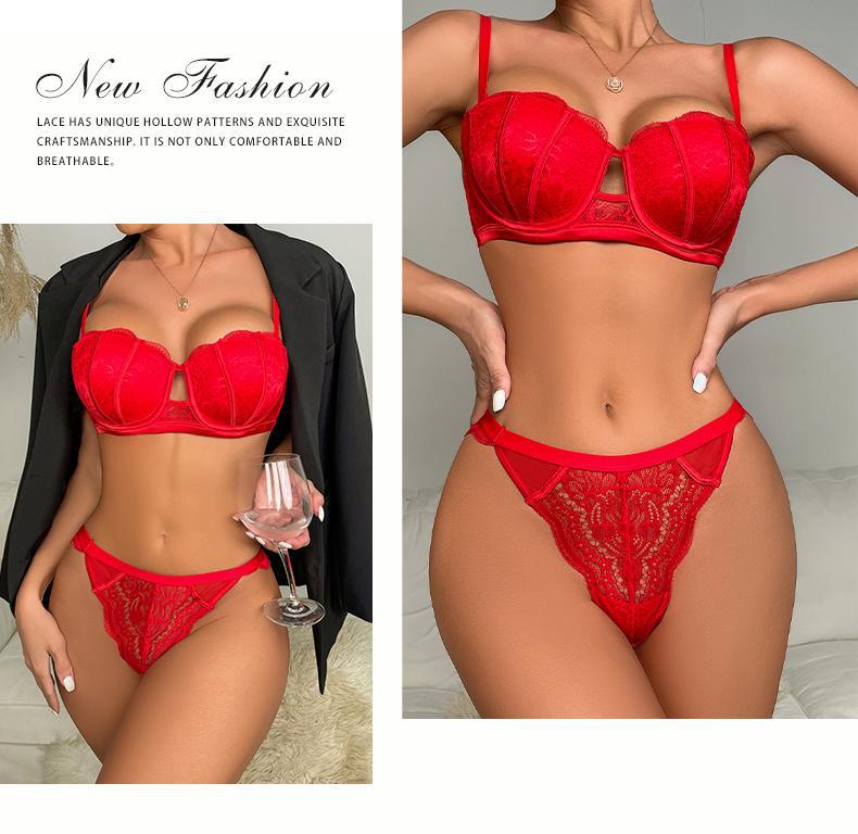Cross-Border European and American Sexy Lingerie Half Cup Hollow Embroidery Lace Bra Small Chest Push-Up Side Breast Collection Lingerie Set