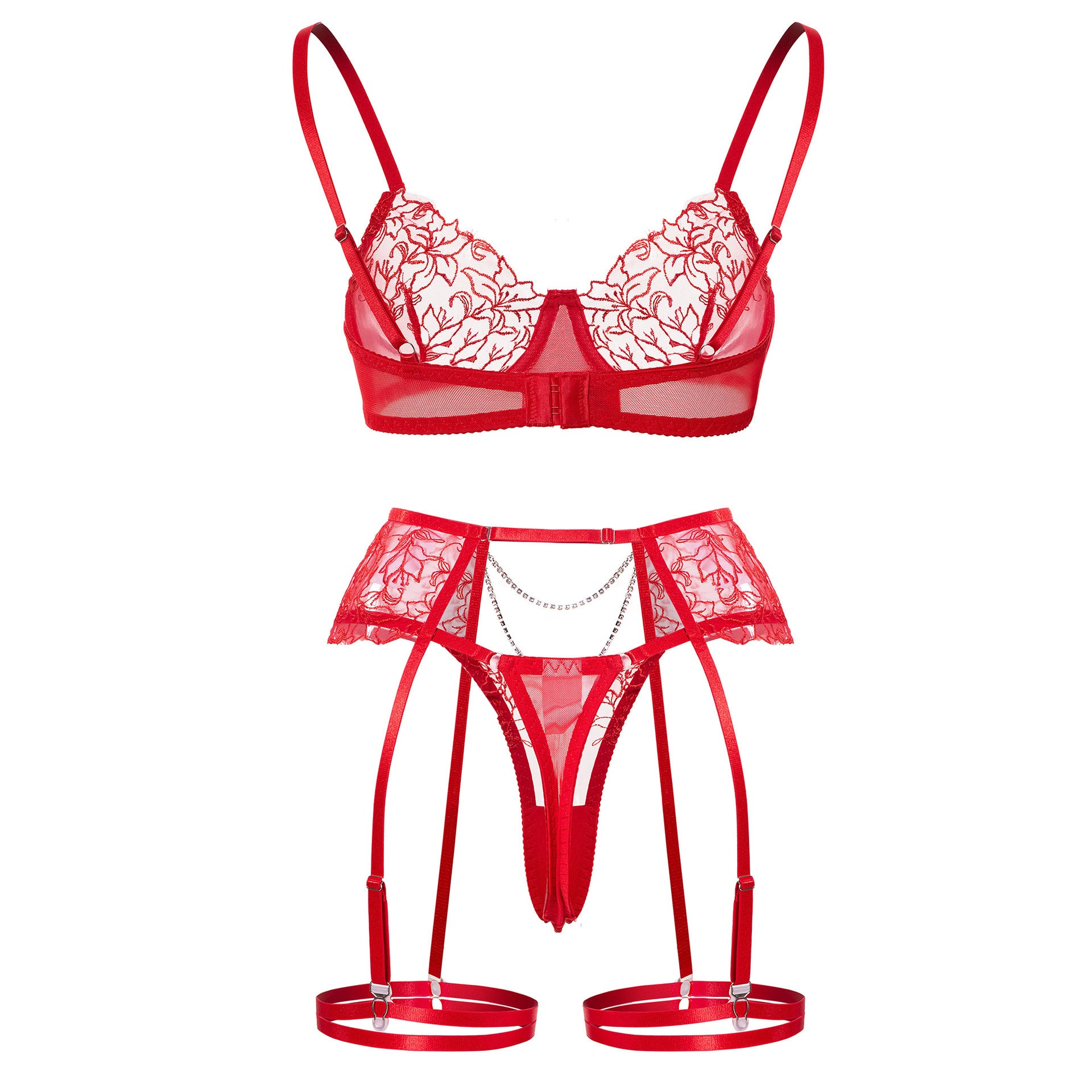 Cross-Border Amazon Hot-Selling Metal Chain Flower Embroidery Mesh Lingerie Transparent Sexy Lingerie Four-Piece Set
