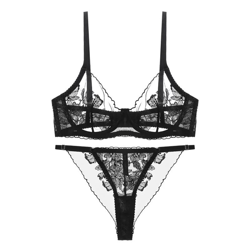 European and American Cross-Border French Style Sexy Lingerie Set Ultra-Thin See-Through Lace Temptation Big Bust Minimizer Bra Erotic Lingerie