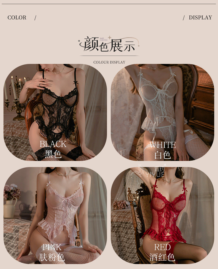 Yiyue Sexy Lingerie Lace Temptation Vest Garter Belt Women Push-Up No-Remove Sleepwear Flirting Set8980