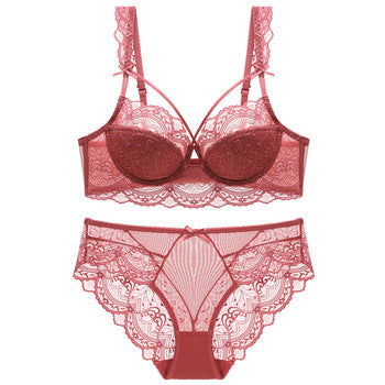 European and American Sexy Bra Set Ultra-thin Semi-transparent Half Cup Lace Bra Small Chest Push-up Anti-sagging Plus Size Bra