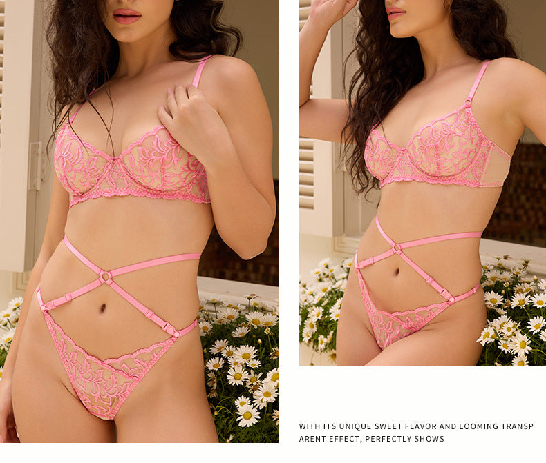 Cross-Border European and American Hot-Selling Sexy Lingerie for Women French Lace Sexy Mesh See-Through Thong Plus Size Bra Set