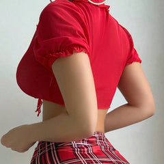 Amazon Hot Selling Sexy Lingerie for Women Passionate Temptation Uniform Plaid Split Skirt Thong Three-Piece Set
