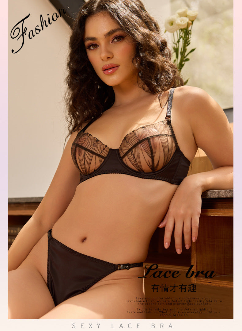Cross-Border European and American Style Sexy Lingerie for Women Ultra-Thin See-Through Lace Patchwork Large Bust Minimizer Anti-Sagging Bra Set