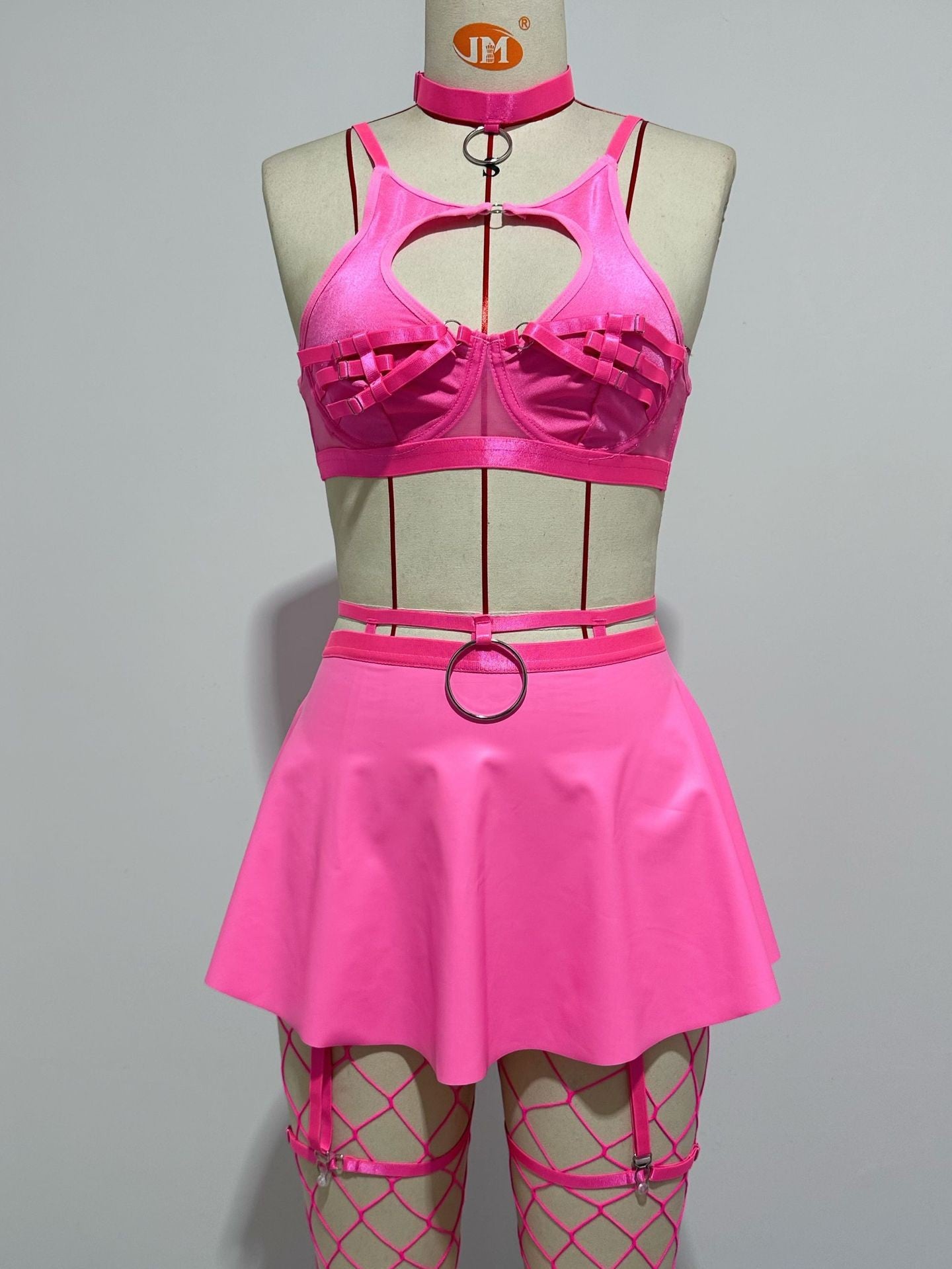 European and American AliExpress Hot-Selling Sexy Lingerie Solid Color Leather Skirt with Fishnet Stockings Tie-Up Push-Up Bra Set