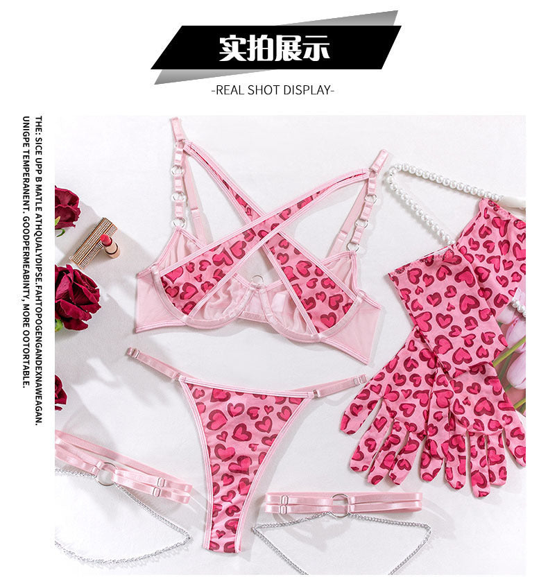 Cross-Border Foreign Trade Hot-Selling Sexy Mesh Leopard Print Metal Chain Lingerie Set with Gloves and Leg Rings Four-Piece Set
