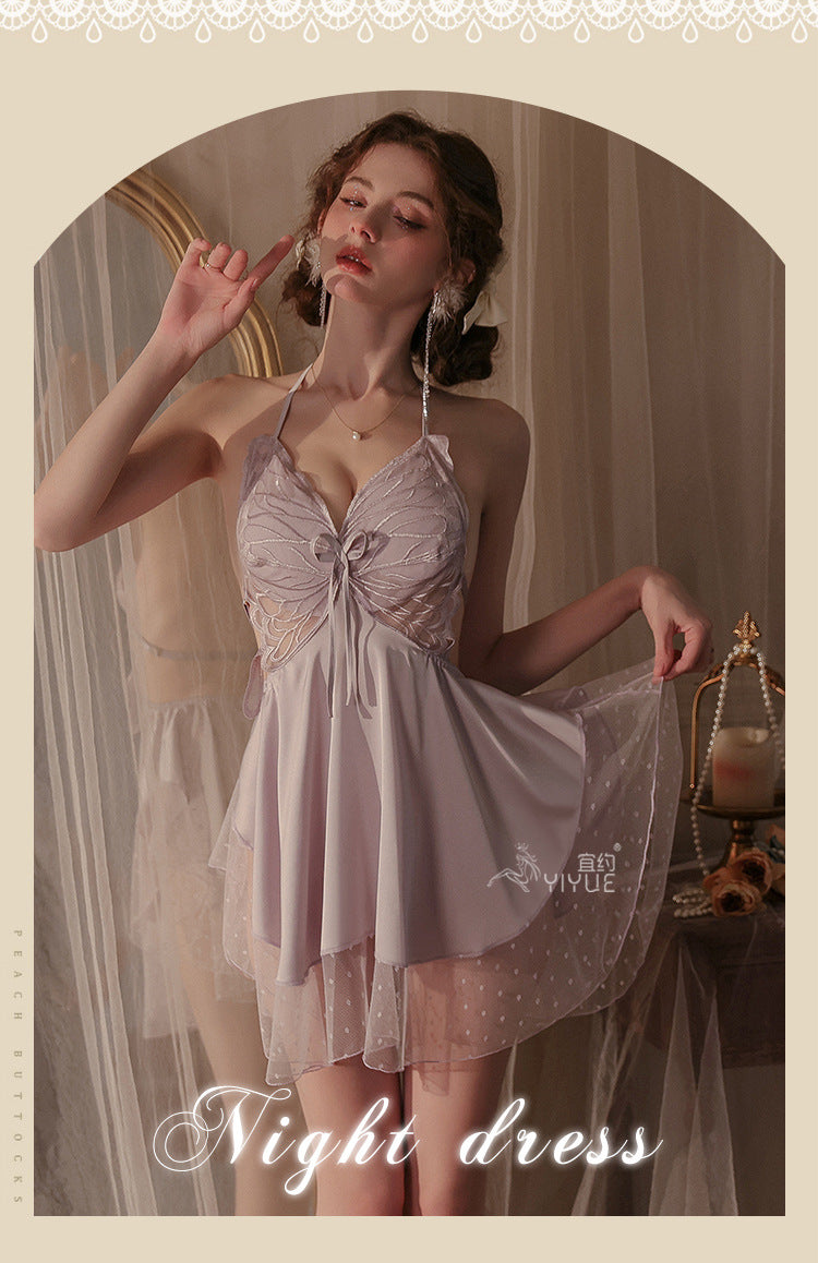Yiyue Sexy Satin Nightdress Pure Desire Homewear with Chest Pads Bare Back Erotic Lingerie Uniform Pajama Set1125