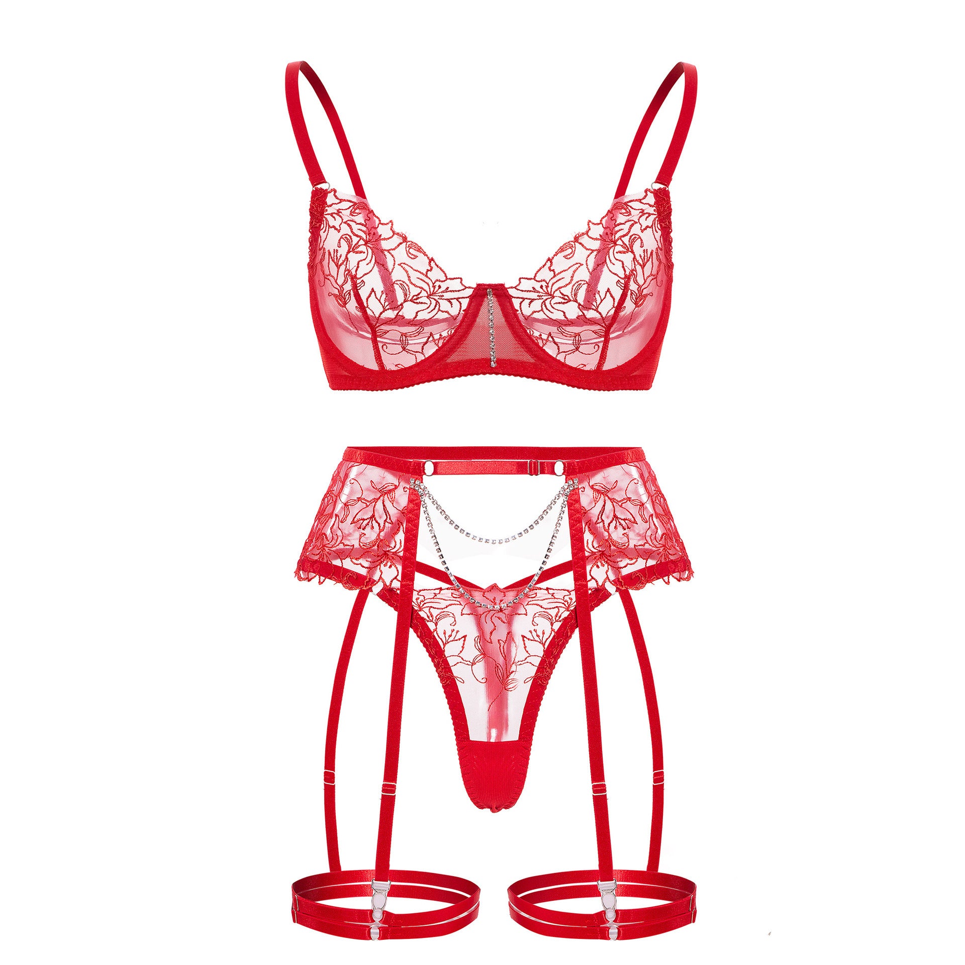Cross-Border Amazon Hot-Selling Metal Chain Flower Embroidery Mesh Lingerie Transparent Sexy Lingerie Four-Piece Set
