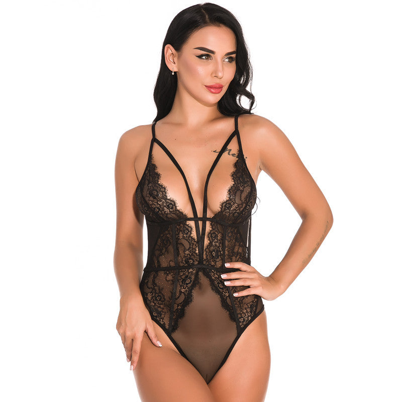 Spring New Lace Trim Mesh Camisole Bodysuit for Women Hollow Out Backless Deep V Sexy Bodysuit