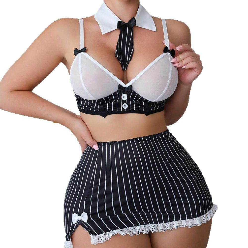 Cross-Border New Sexy Lingerie Set Button Striped Tie Lace Bodycon Mini Skirt Thong Four-Piece Set