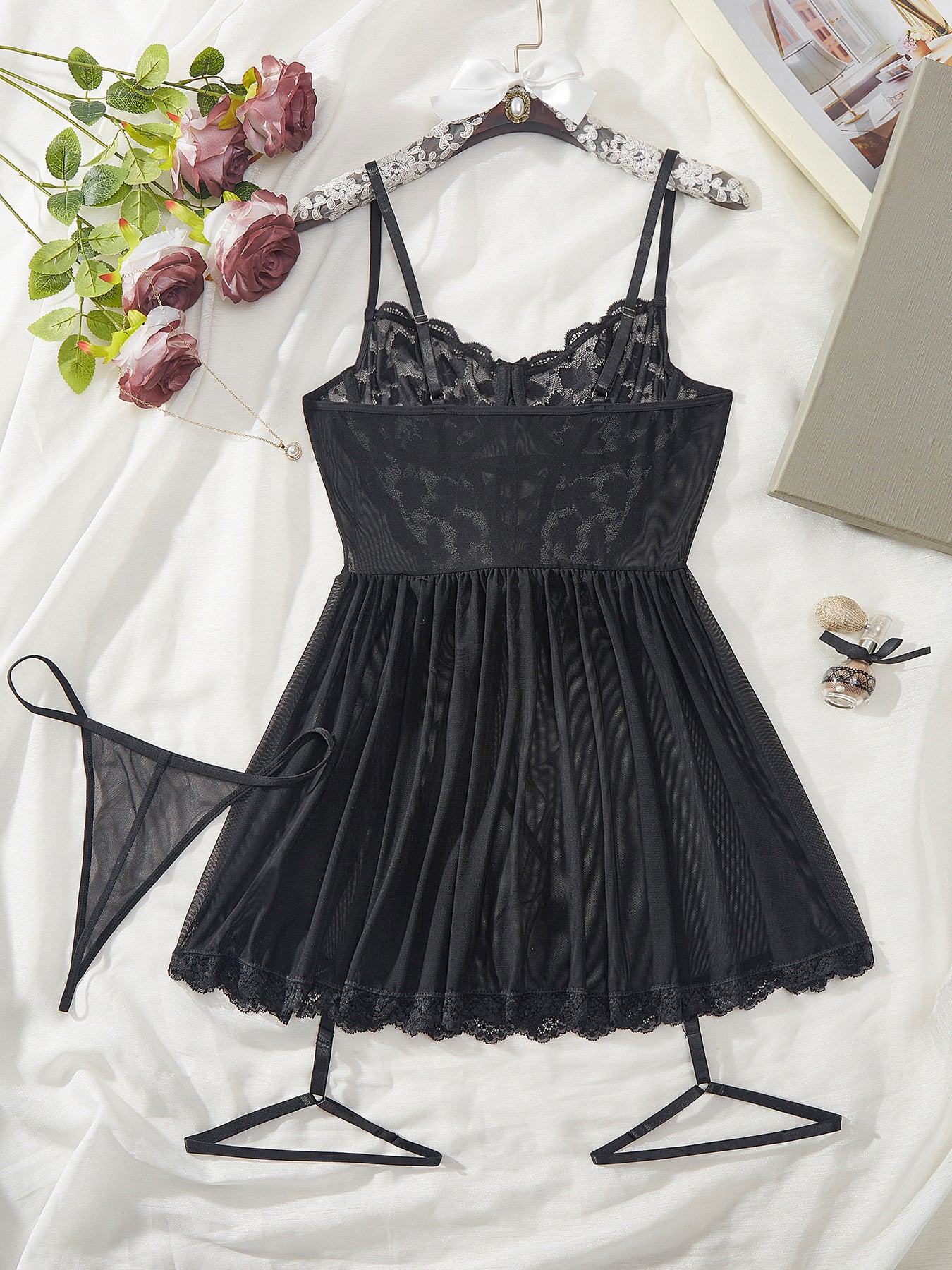 Cross-Border European and American Style French Sexy Nightdress Women's Lace See-Through Temptation Tie Mesh Strap One-Piece Lingerie