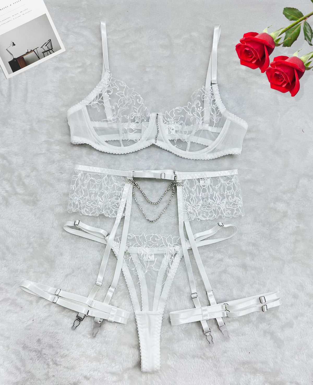 Cross-Border Amazon Hot-Selling Metal Chain Flower Embroidery Mesh Lingerie Transparent Sexy Lingerie Four-Piece Set