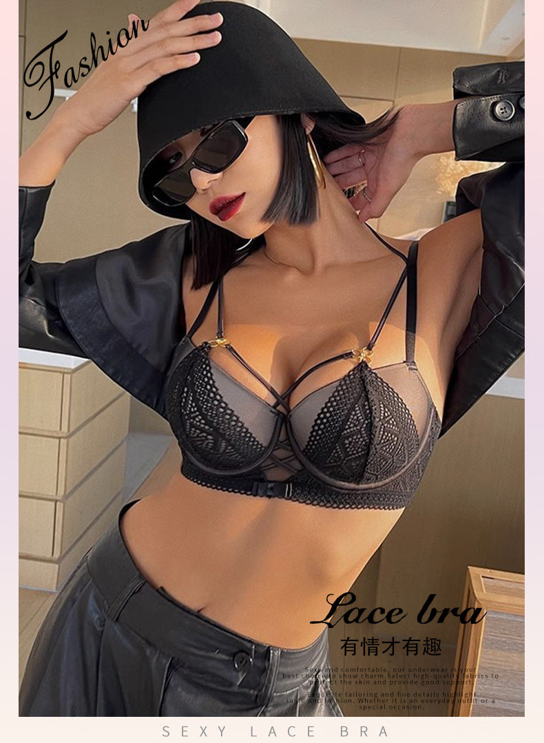 Cross-Border European and American Style French Lingerie Sexy Lace Strap Design Large Bust Push-Up Anti-Sagging Bra Set