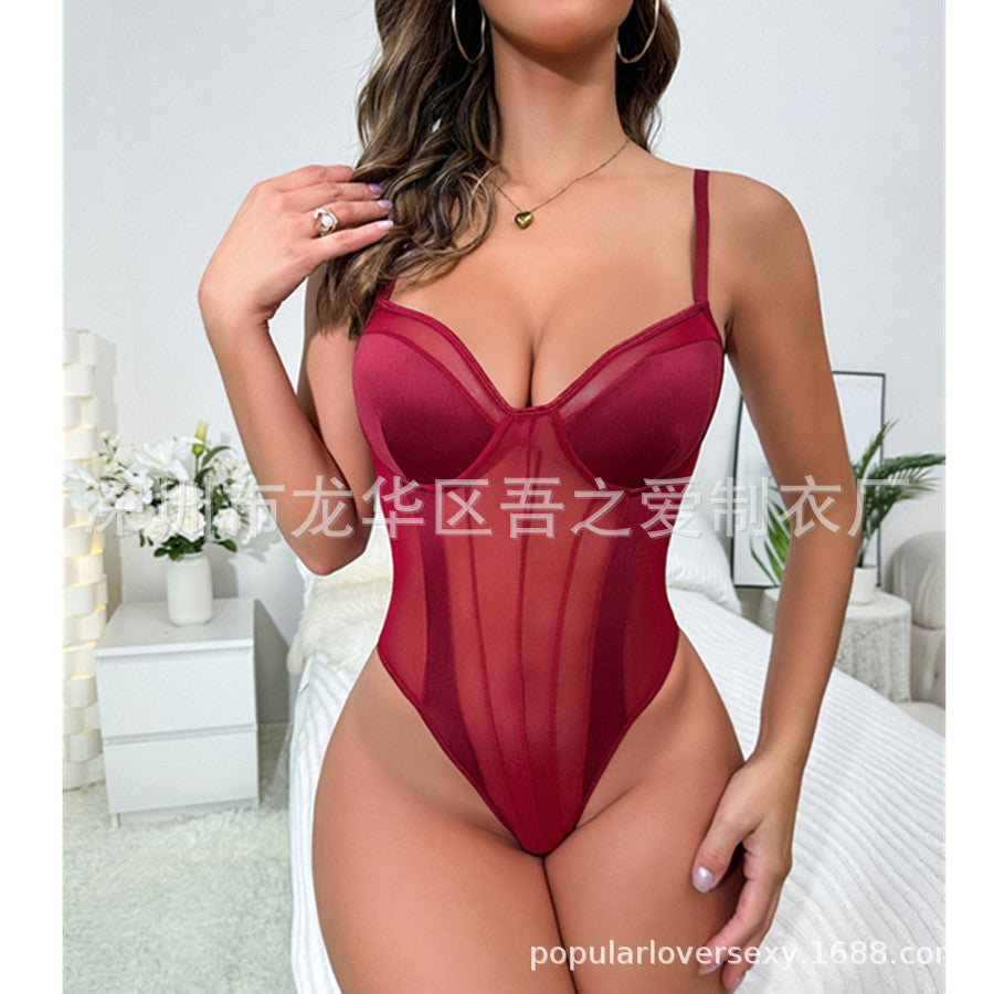 Cross-border New Mesh See-through Sexy Hollow Out Erotic Bodysuit Satin Patchwork Deep V Lightweight Underwear with Underwire