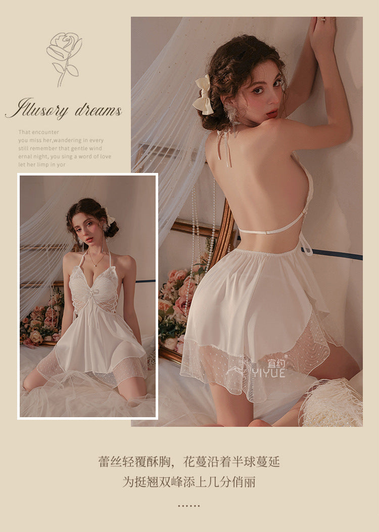 Yiyue Sexy Satin Nightdress Pure Desire Homewear with Chest Pads Bare Back Erotic Lingerie Uniform Pajama Set1125