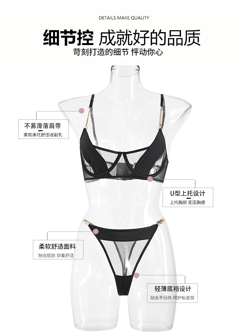 Cross-Border Sexy Lingerie Thin See-Through Mesh French Style Bra Large Bust Minimizer Plus Size Bra and Thong Set