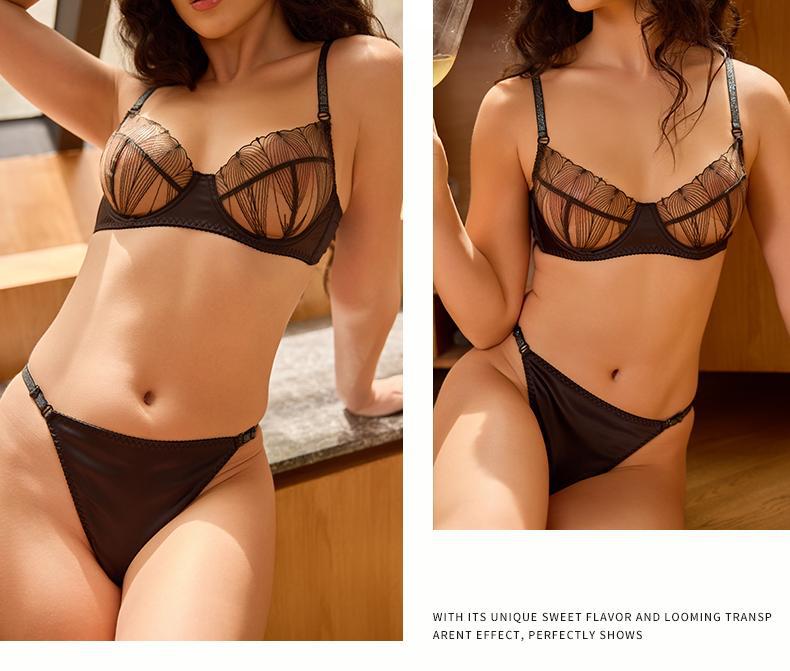 Cross-Border European and American Style Sexy Lingerie for Women Ultra-Thin See-Through Lace Patchwork Large Bust Minimizer Anti-Sagging Bra Set