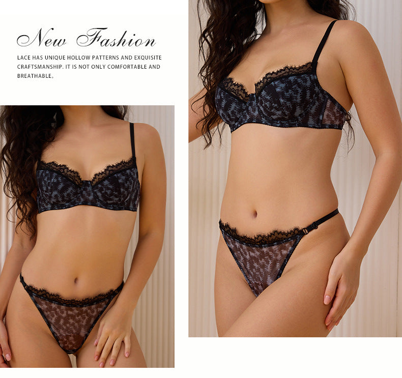 Cross-Border European and American Style Sexy Lingerie for Women Lace Leopard Mesh See-Through Large Bust Minimizer Push-Up Bra Set