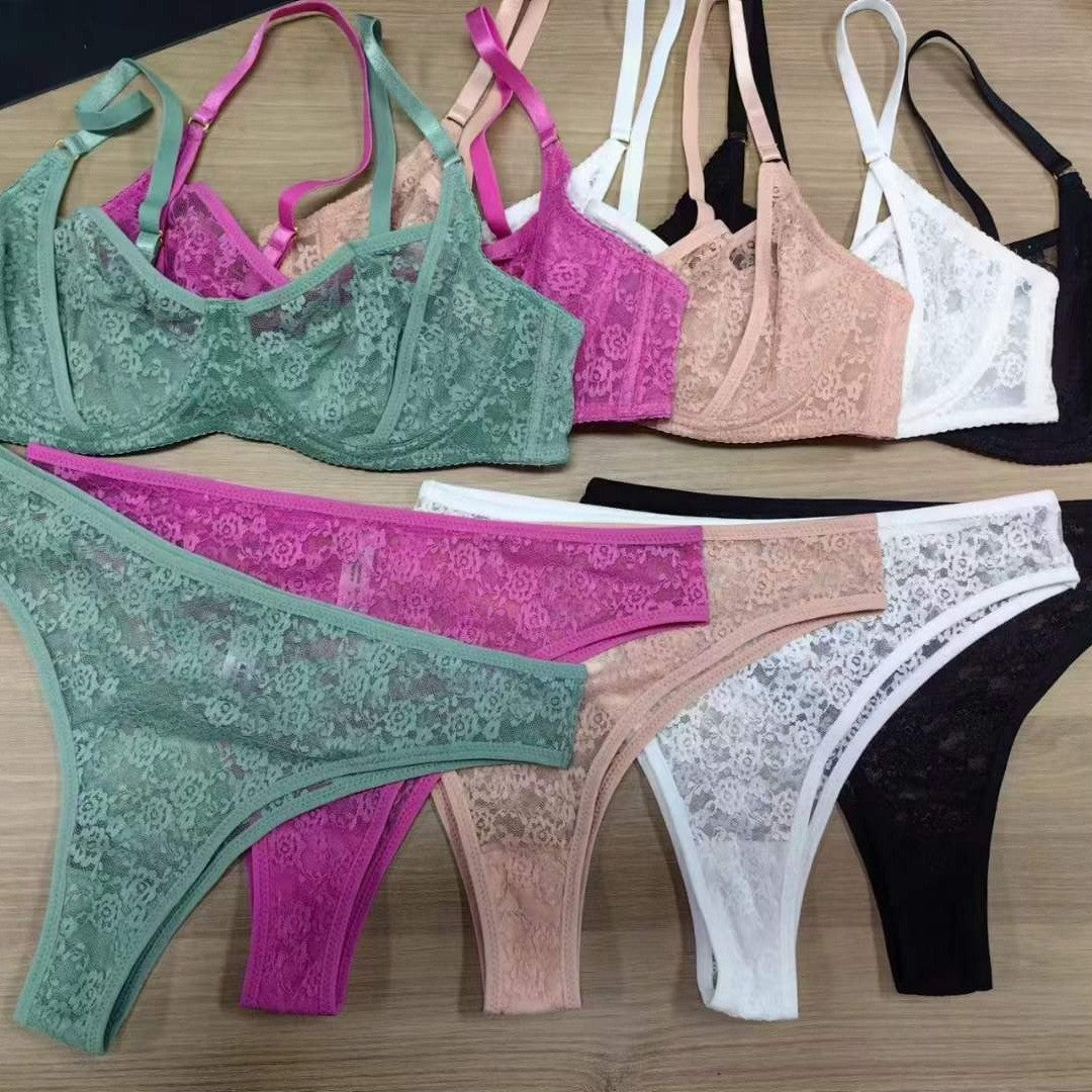 European and American French Style Sexy Lingerie for Women Ultra-thin See-through Lace Bra Set Large Bust Minimizer Anti-sagging Bra