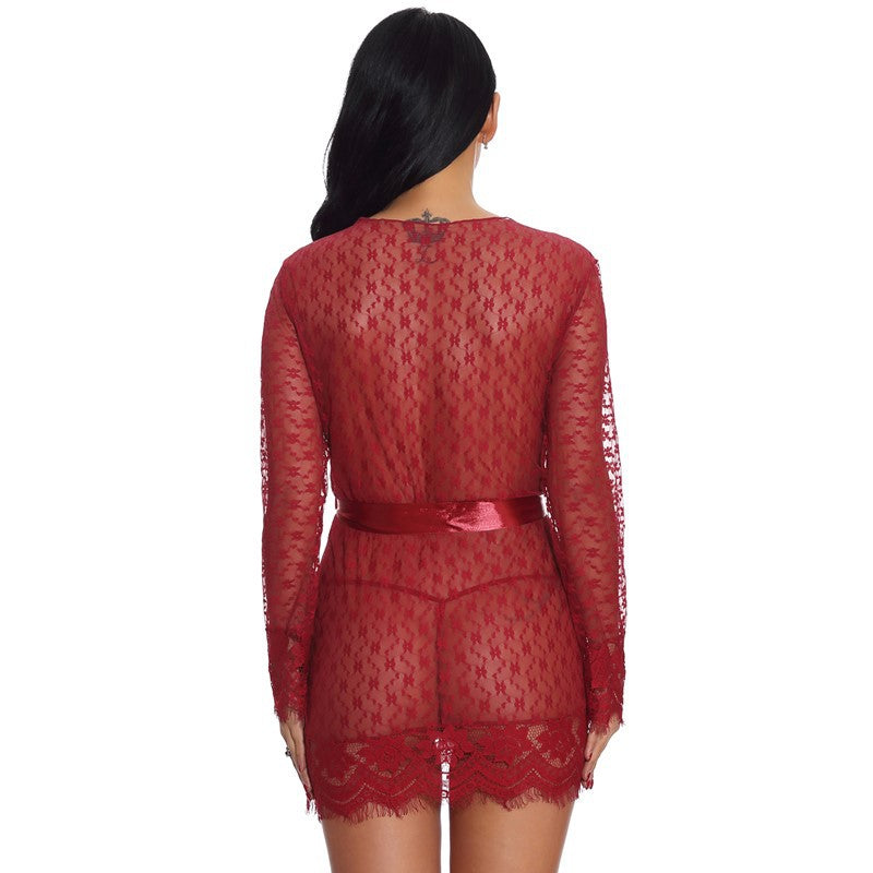 Autumn New Cross-Border Sexy Lingerie Temptation Mesh Nightdress Lace Transparent Women's Long Dress Homewear