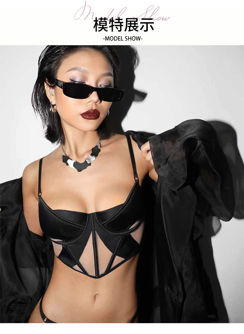 Cross-Border Sexy Lingerie for Women French Style Thin Cotton Smooth Mesh Fishbone Bra Set for Large Bust Minimizing Anti-Sagging Bra Set