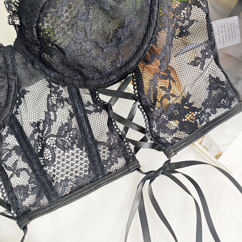 2025European and American Amazon Sexy Lingerie Lace See-through Temptation Push-up Bra Thong Two-piece Set