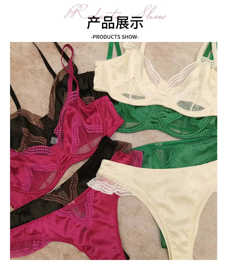 European and American Cross-Border Sexy French Lingerie Women Satin Lace Bra Large Bust Minimizer Anti-Sagging Lingerie Set