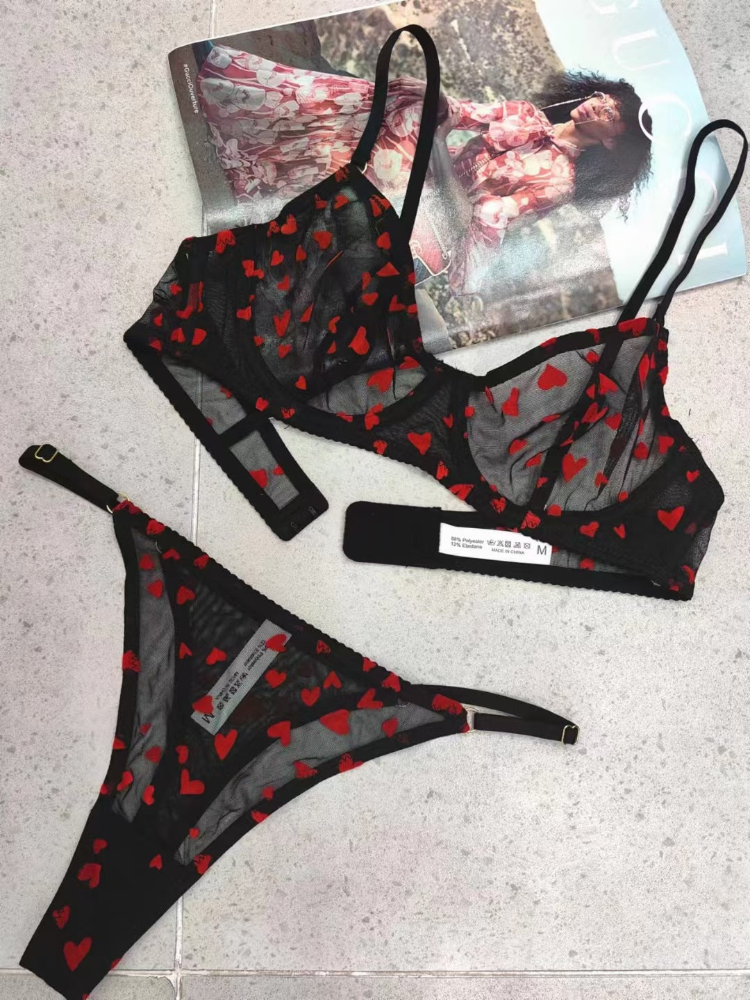 Cross-Border European and American Sexy Lingerie Women's Ultra-Thin Mesh See-Through Heart Large Bust Minimizer Anti-Sagging Bra Set
