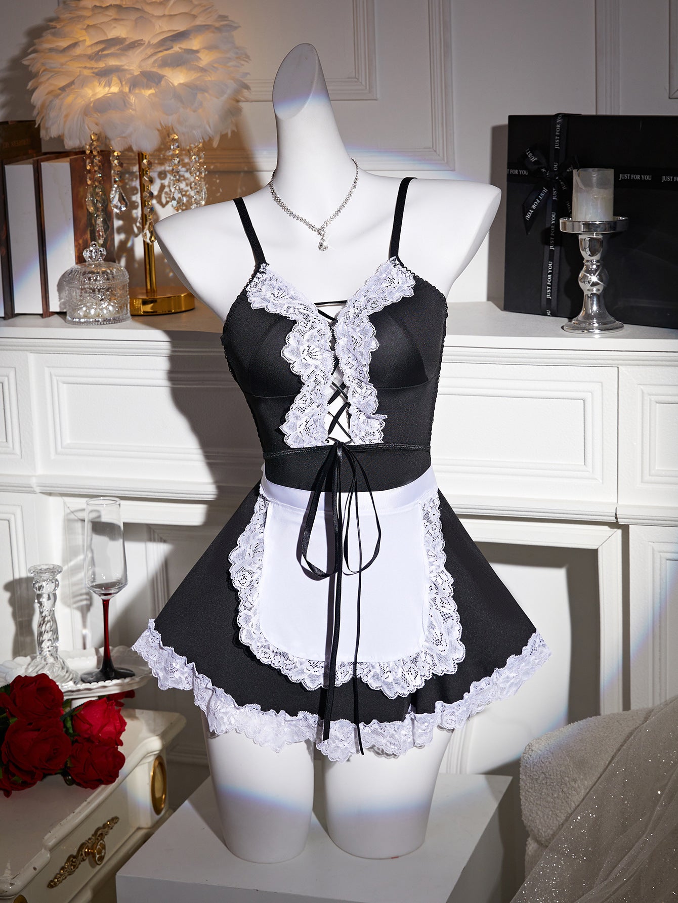 Amazon Foreign Trade Sexy Lingerie Temptation Lace Edge See-through Strap Maid Apron Role Play Set