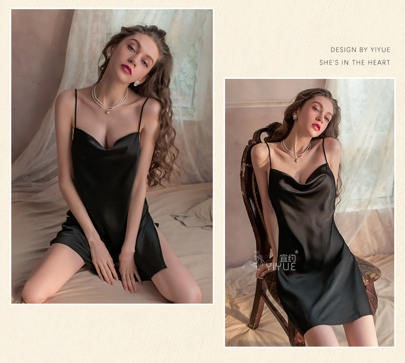 Yiyue New Sexy Nightdress for Women Hollow Out Satin Silky Homewear Erotic Lingerie Hot Strap Nightdress8358