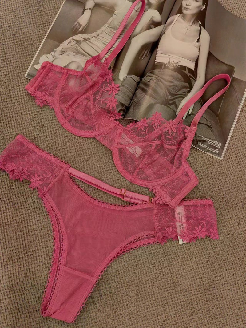 Cross-Border French Style Sexy Lingerie Ultra-Thin Mesh Embroidered Lace Bra Large Bust Minimizer Anti-Sagging Summer Underwear
