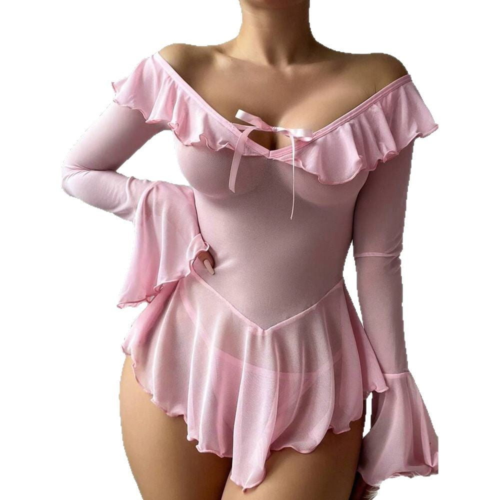 European and American Cross-Border Sexy Lingerie Set Long Sleeve Off-Shoulder Tie Bow Ruffle One-Piece Nightdress