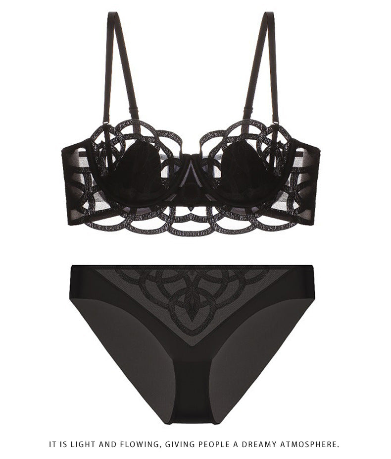French Style Sexy Lingerie for Women, Thin Transparent Breathable Lace Bra, Minimizing Large Bust, Side Breast Collection, Push-Up Bra Set