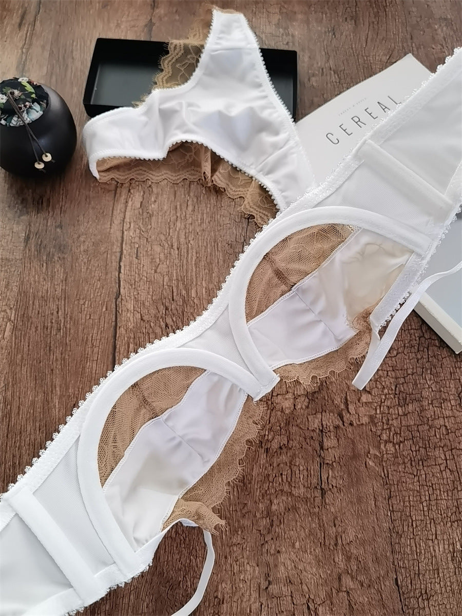 European and American Cross-Border Hot-Selling Sexy Lingerie for Women Ultra-Thin See-Through Large Bust Minimizing French Lace Erotic Bra Set