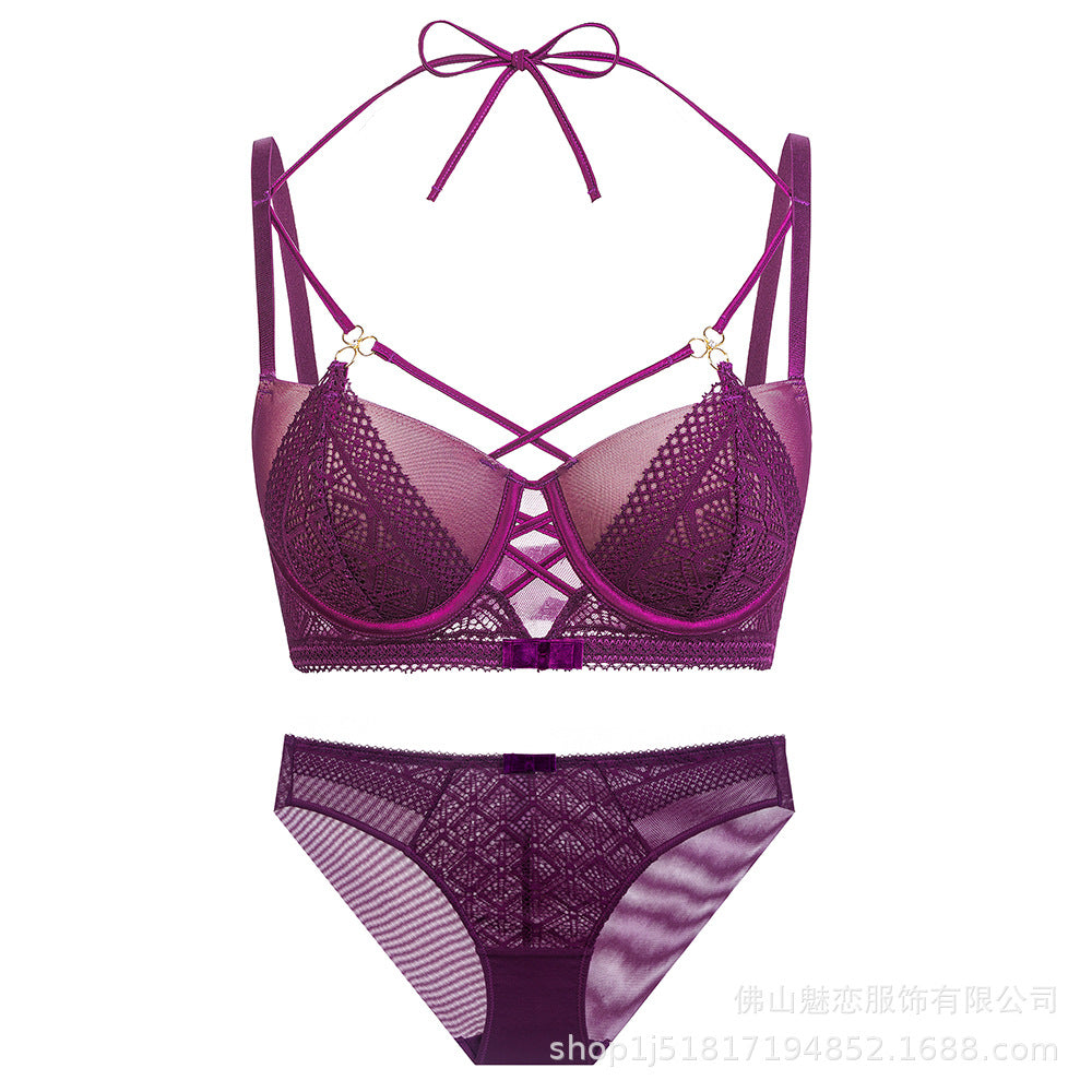 Cross-Border European and American Style French Lingerie Sexy Lace Strap Design Large Bust Push-Up Anti-Sagging Bra Set