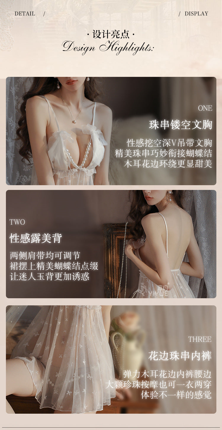 Yiyue Sexy Strap Nightdress Pearl Crotchless Transparent Temptation Sexy No-Remove Lingerie Bed Flirting Sleepwear1004