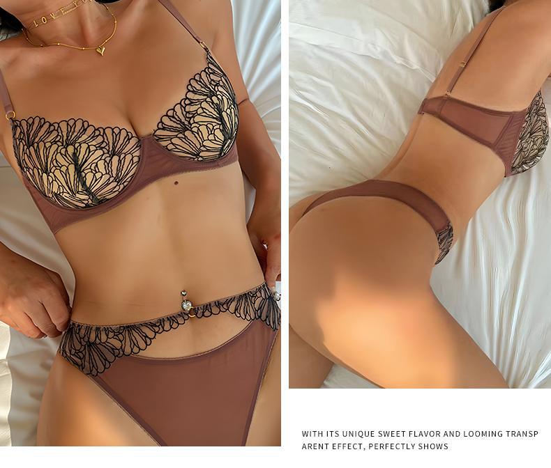 European and American French Style Sexy Lingerie for Women, Ultra-Thin Sheer Mesh, Large Bust Minimizer, Anti-Sagging Lace Bra Set